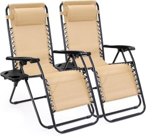 Set of 2 Zero Cravity Lounge Chairs,Outdoor Patio Folding Recliners for Pool Beach with Pillow and Cup Holder (Color: Khaki)